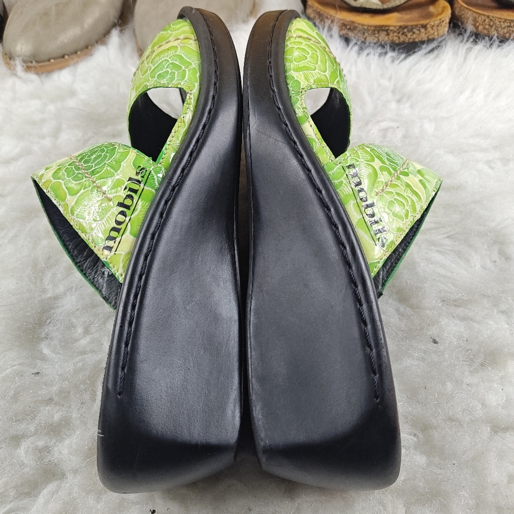 Mephisto Mobils Green Leather Flower Print 2-Strap Slide Sandals EU 39  US 8-8.5 - Picture 10 of 11
